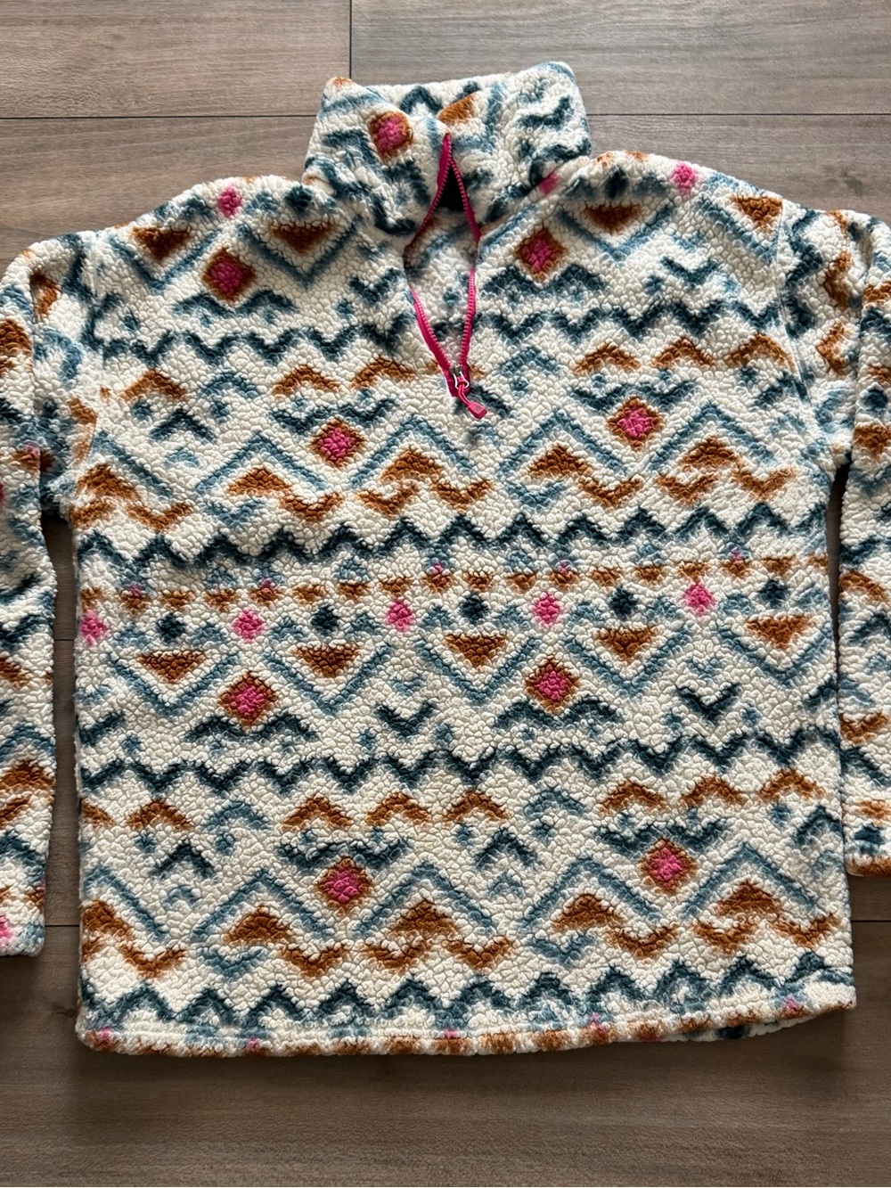 Eddie Bauer Cream Sherpa Pullover with Pink, Brown & Teal Pattern